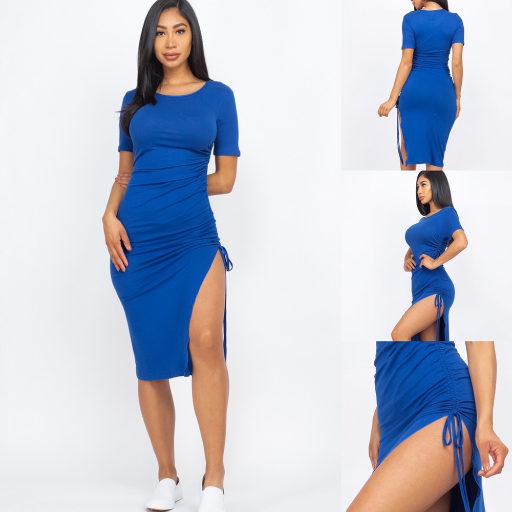 Ruched Blue Short Sleeve Dress
